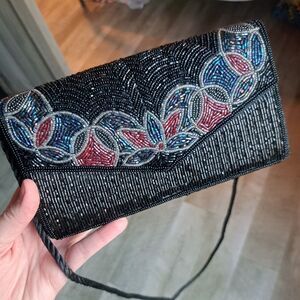 Vintage Walborg Shoulder Bag 1940's 50's Womens Black Beaded Crossbody Purse